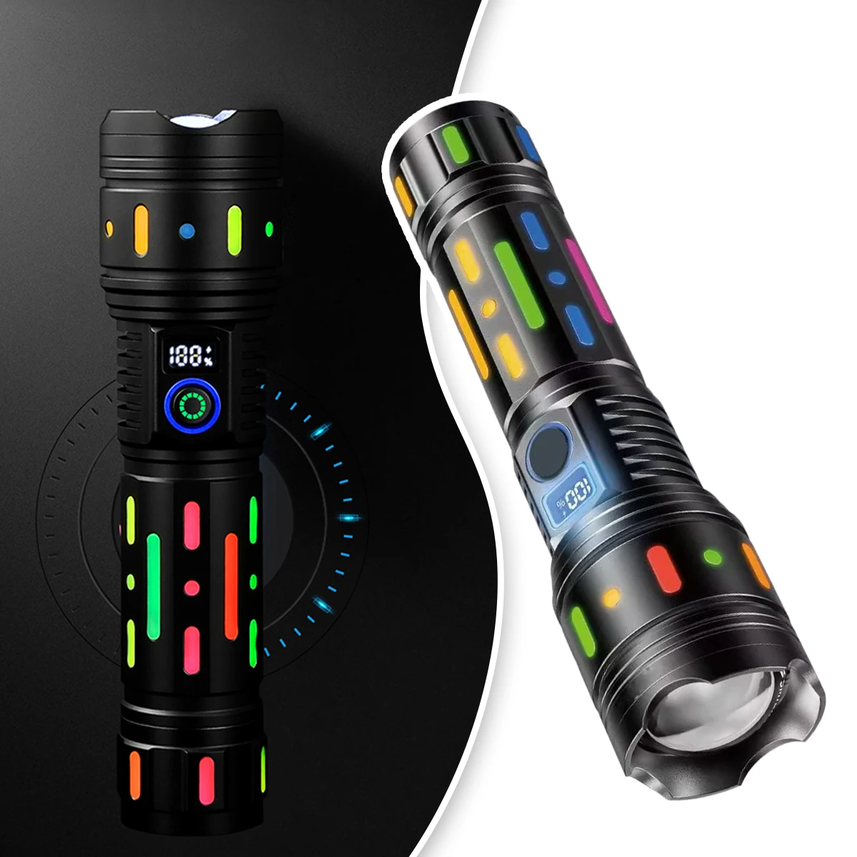 

Tactical Bright Flashlight Fluorescent Absorbing Film Luminous Colorful Multifunctional Torch Power Display Type-C Rechargeable