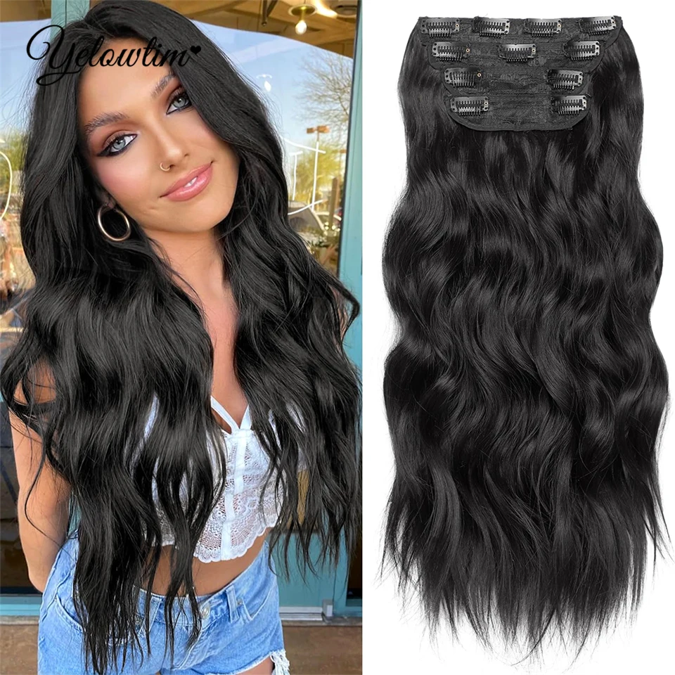 YELOWTIM 20Inch Black Synthetic Hairpieces 4pcs Long Wavy Hair Pieces 11 Clips in Hair Extension Natural Looking Heat Resistant