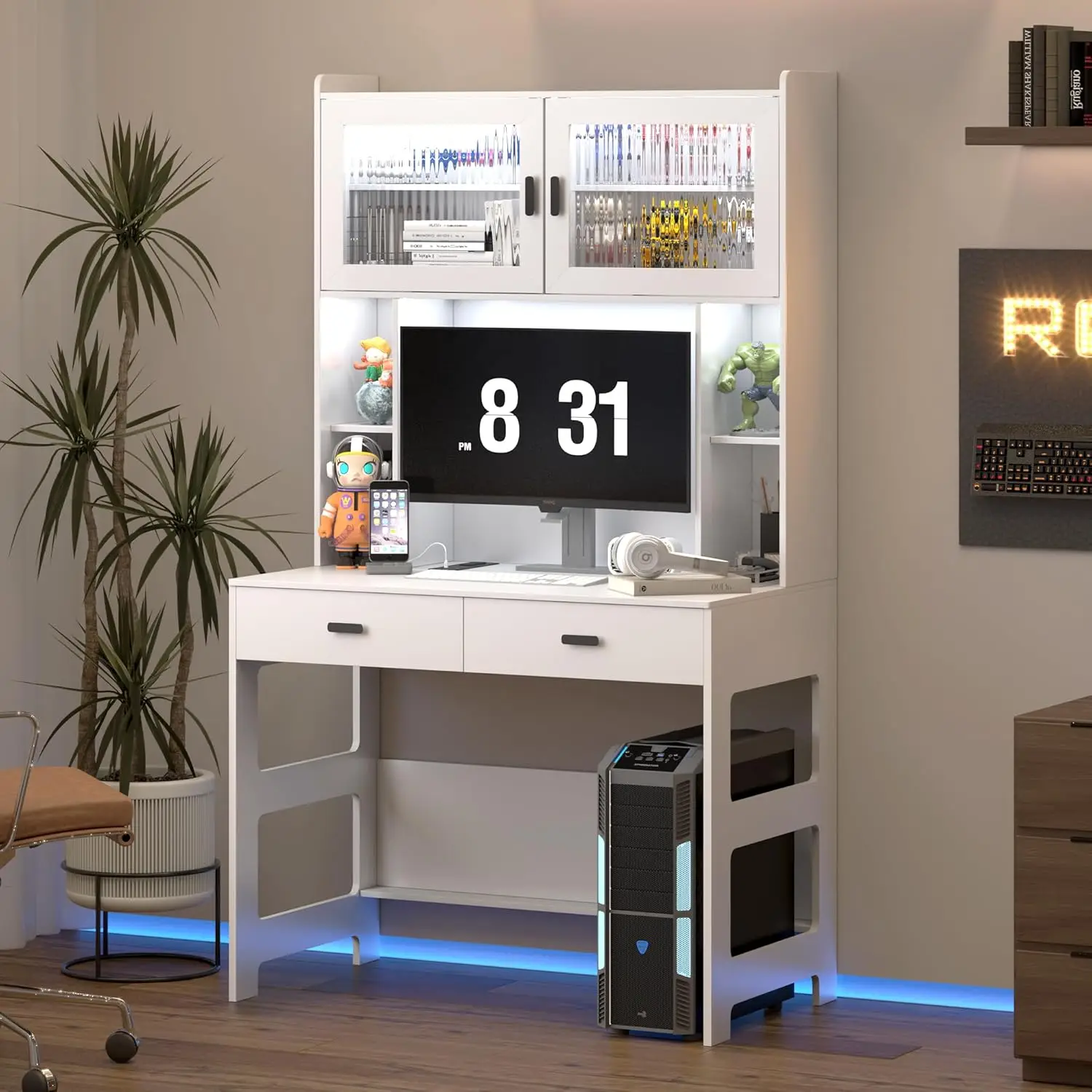 Lvsomt-Home Office Desk com Hutch, Modern Computer Gaming Desk, Luzes LED e Tomadas, Mesa de Estudo com Armazenamento, Branco