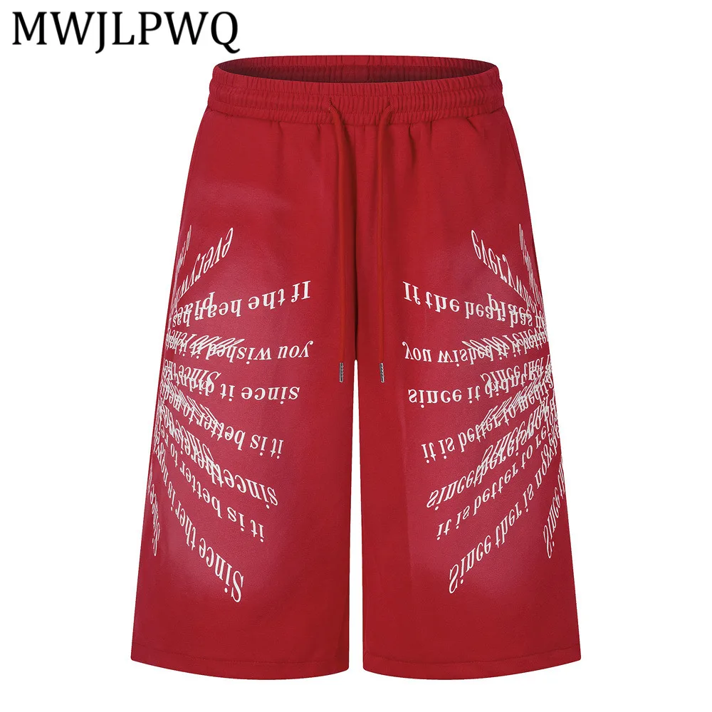

MWJLPWQ Men's Red Casual Sweatshorts With Rotated Text Print Elastic Waist Loose Fit Streetwear Fashion Shorts For Men 15652