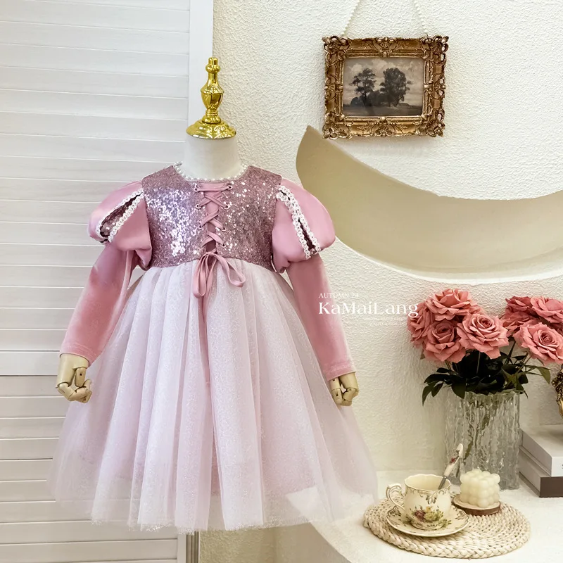 Girls Skirts 2024 Autumn New Childrens Wear Girl High-grade Temperament Purple Heavy Industry Princess Dress Casual Simple Daily