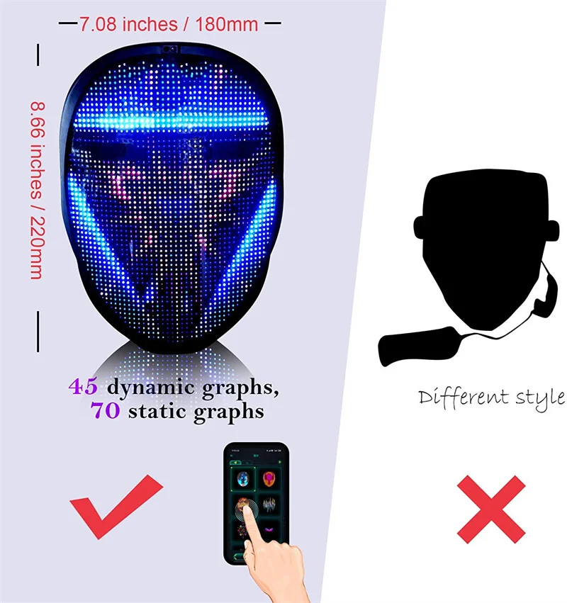 Led Lighting Up with Bluetooth Programmable Face Masks for Kids Adults Costume Cosplay Halloween Christmas Party