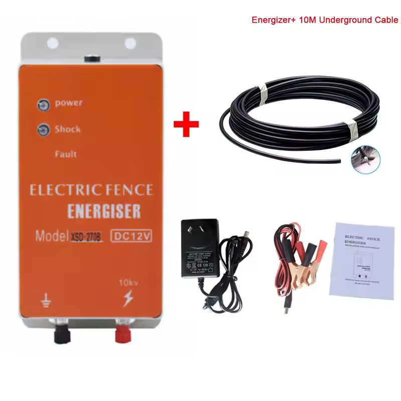2In1 Electric Fence 0.5 Joules Energizer + 10M Undergruonding Lead Out Cable For Elephant Livestock Sheep Dog Pig Cattle Control