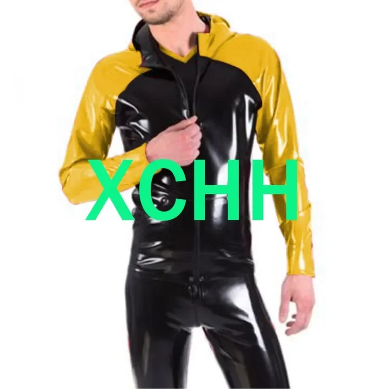 

Latex Natural Rubber Sexy Full Body Uniform Hats Coat and Pants Black with Yellow Cosplay Size XXS-XXL for Men