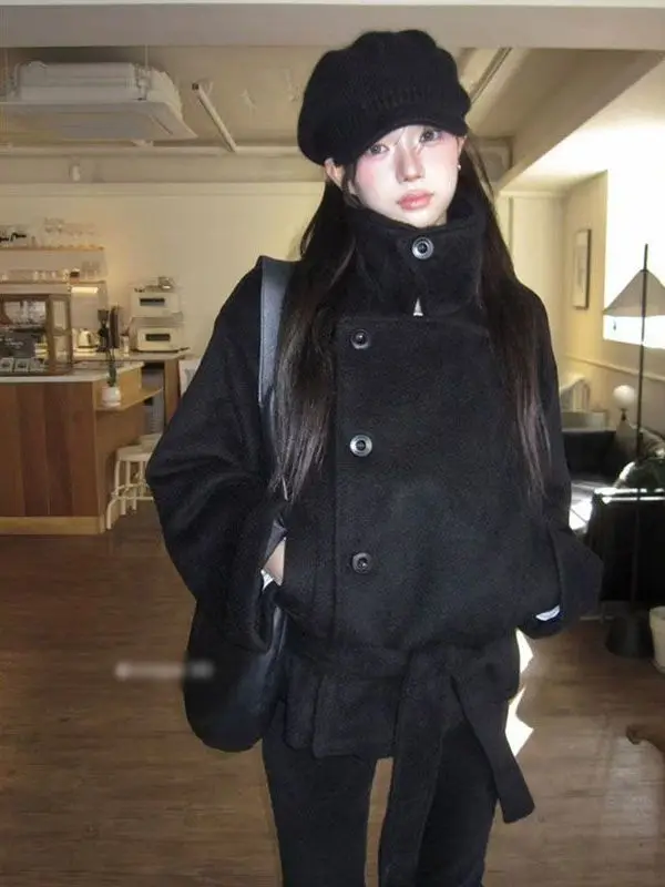 

Корейская двубортная женская верхняя одежда с воротником-стойкой, повседневная, свободного кроя, с длинными рукавами, осенне-зимняя, комфортная, стройнящая.