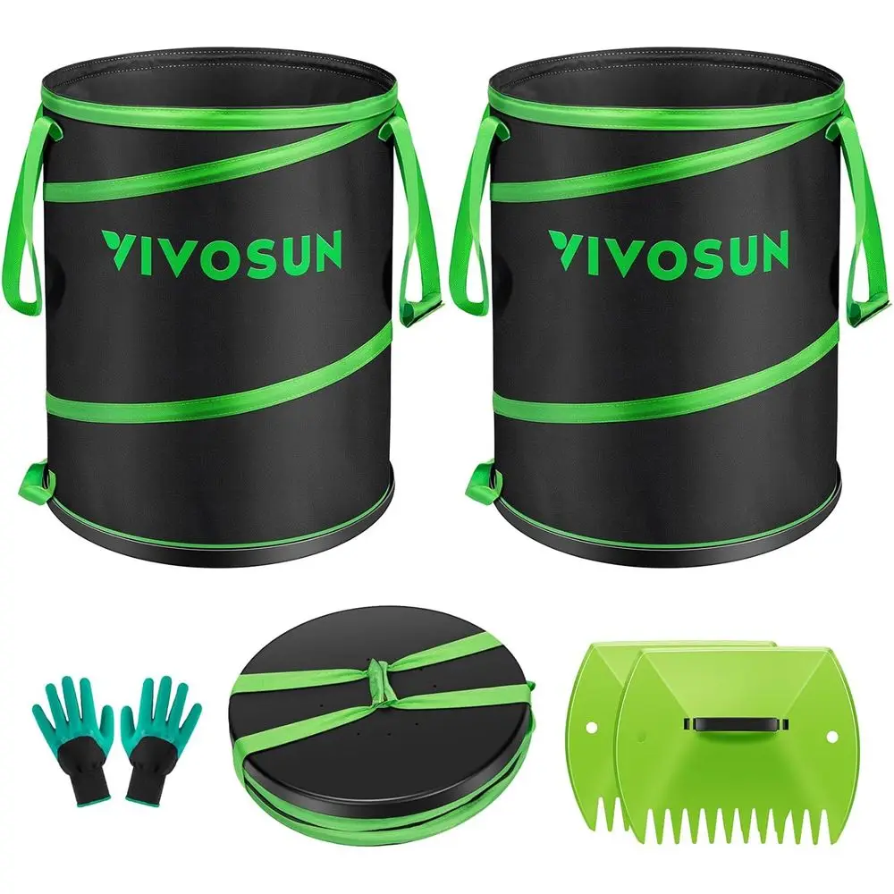 

2-Pack Collapsible 47-Gallon Garden Waste Bin with Hard Shell Bottom, Scoops and Gloves for Lawn Care and Camping