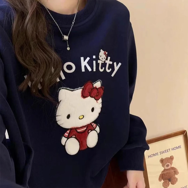 Sanrio Hello Kitty Trendy Ins Fashion Felpa con cappuccio a maniche lunghe stampata Allentata calda non pilling Top autunno e inverno da donna