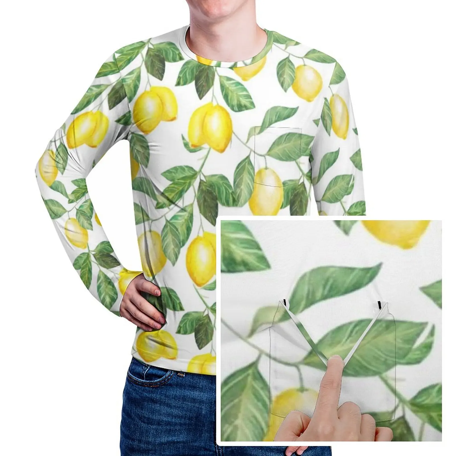 Summer Fruit T-Shirt Male Modern Lemon Leaf Print Casual T-Shirts Daily Vintage Tee Shirt Long Sleeve Design Oversized Tops