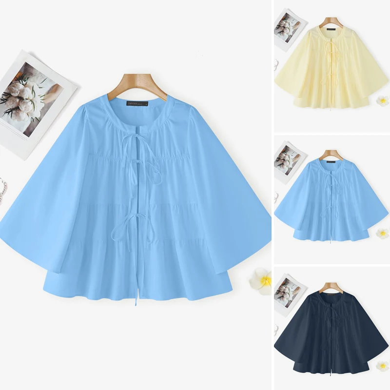 ZANZEA 2026 Mode Vrouwen Blouse Casual Flare Mouw Tops O Hals Tuniek Lace-Up Shirts Effen Kleur Zomer Trui oversized