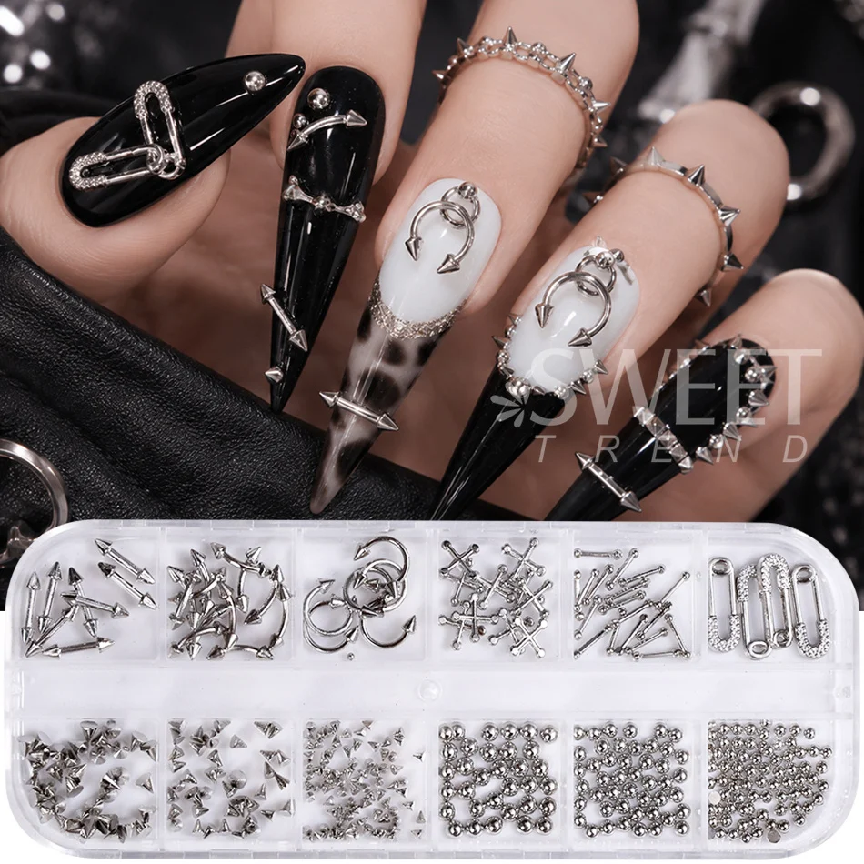 12er-Set Gothic Punk Piercing Kurvenpfeil Silber Nagelnieten Y2K Perlen Kegelnieten Nagelteile DIY Halloween Maniküre Dekoration – Detail 2