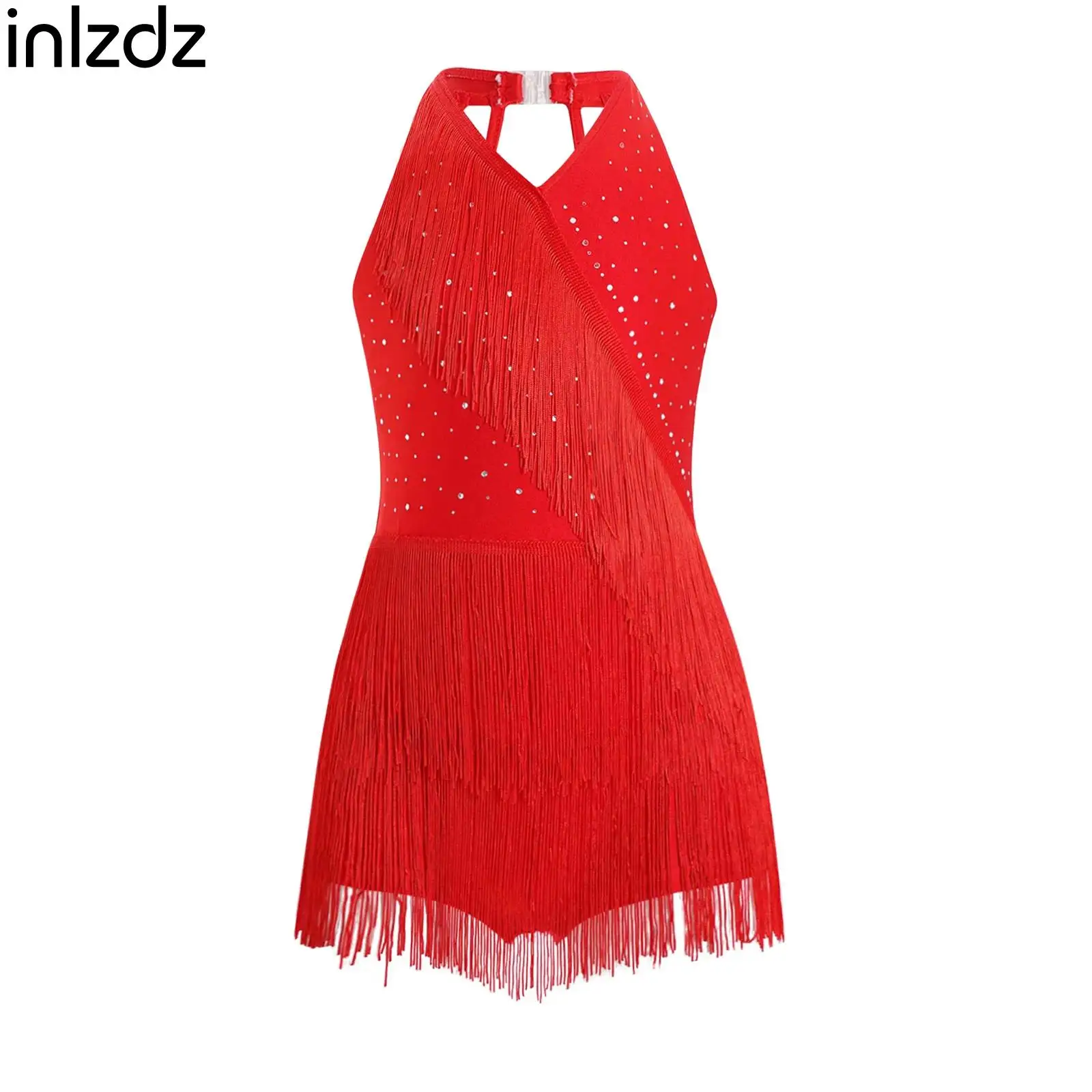 

Tassel Latin Dance Cha-cha Samba Salsa Costume for Girls Kids Rhinestones Fringe Leotard Dress Sleeveless Strappy Back Jumpsuit