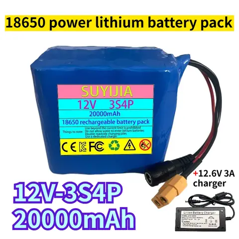 18650 Li-ion 12V 3S4P 20000mah battery 20Ah rechargeable battery with BMS lithium battery pack protection board + charger