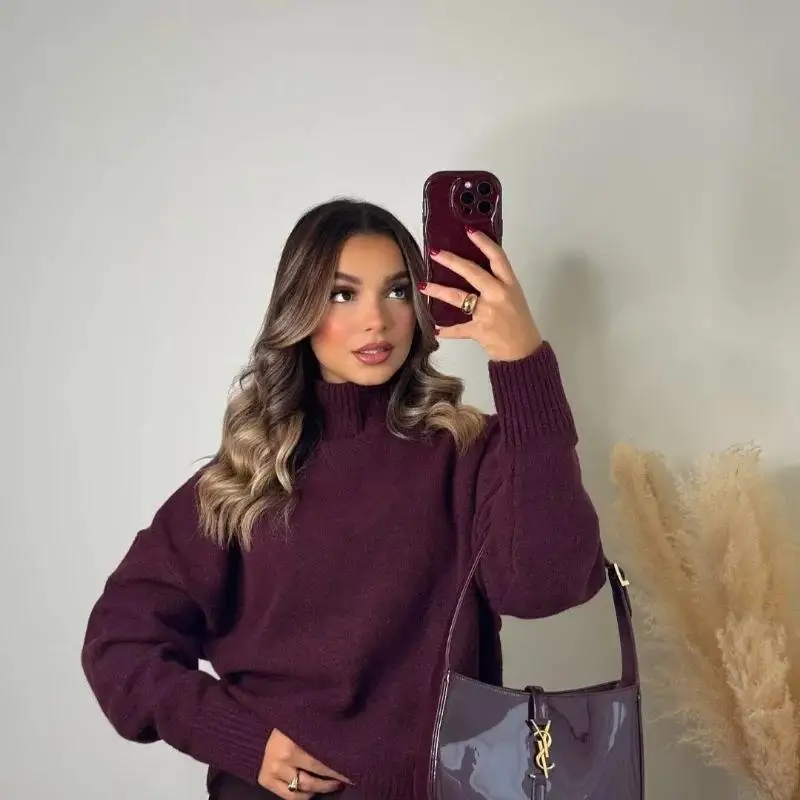 Miękki sweter z wysokim kołnierzem, dzianinowy, jednolity kolor, styl uliczny, jesień-zima, nowość, modny damski sweter z materiału przypominającego kamerę.