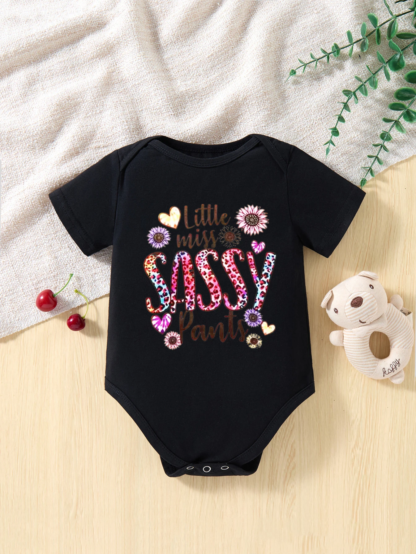 

​Children's Black Bodysuit Little Miss Sassy Paris 2014 with Flowers Hearts Sunflowers Unisex For Special Occasions​