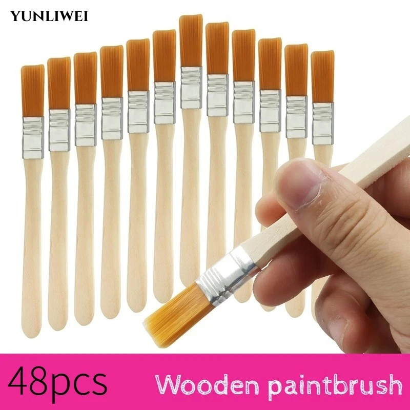12-48PCS Nylon Brushes Short Wooden Handle Art Paint Brushes, Watercolor Brushes Wall Brushes Art Brushes, Cleaning Tools
