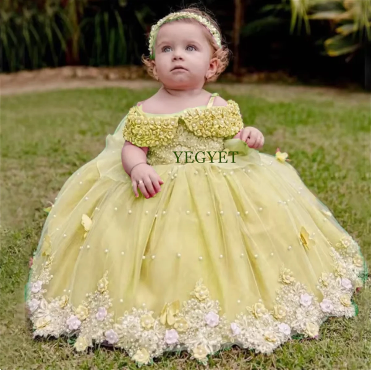 

CustomizedPink Appliques Flower Girl Dress For Wedding Puffy Tulle With Pearls Cute Kids Birthday Ball Gowns First Communion Dre