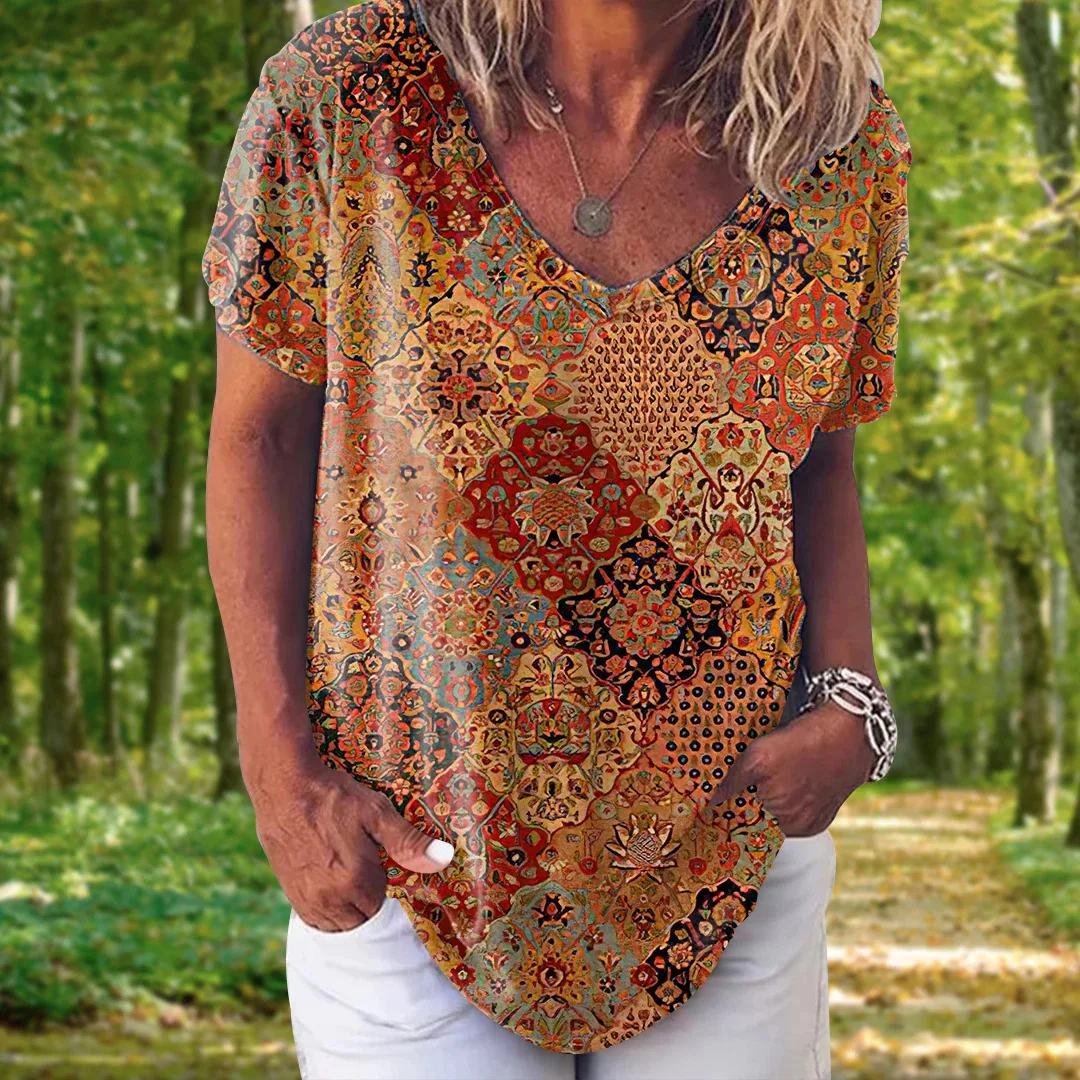 Retro Paisley Pattern T-Shirts Mandala 3D Print Women V-Neck Short Sleeve T Shirt Y2K Tee Oversized Harajuku Top Female Clothing