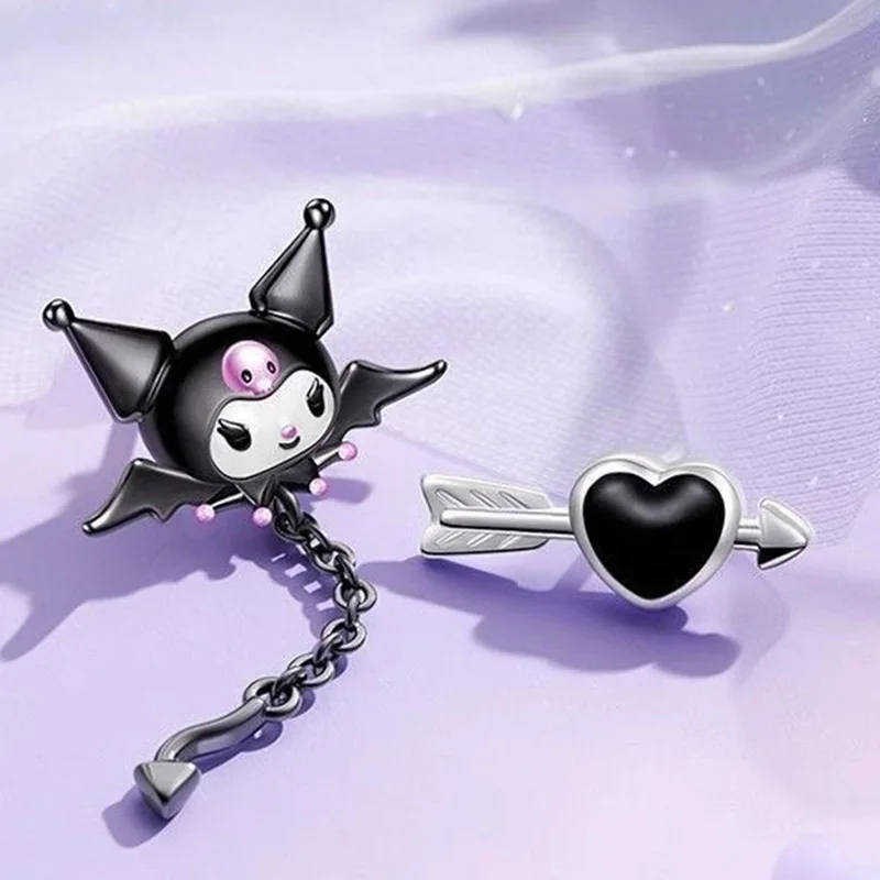 Miniso Kuromi Cartoon Black Earrings Kawaii Enamel Asymmetric Design Cute Anime Peripheral Creative Y2k Cool Earrings New Gift