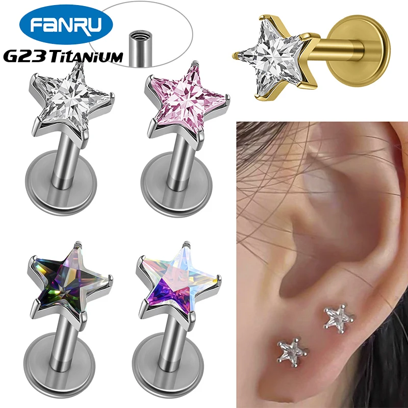 

2PC G23 Titanium Five Stars Cartilage Ear Studs Internal Thread Flat Back Tragus Stud Helix Nose Stud Labret Piercing Jewelry