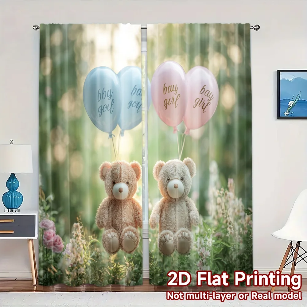 2pcs, 2D FLAT PRINTING Curtains (Without Rod) Teddy Balloons Light Filtering Popular Curtains Durable Polyester Curtains Thermal