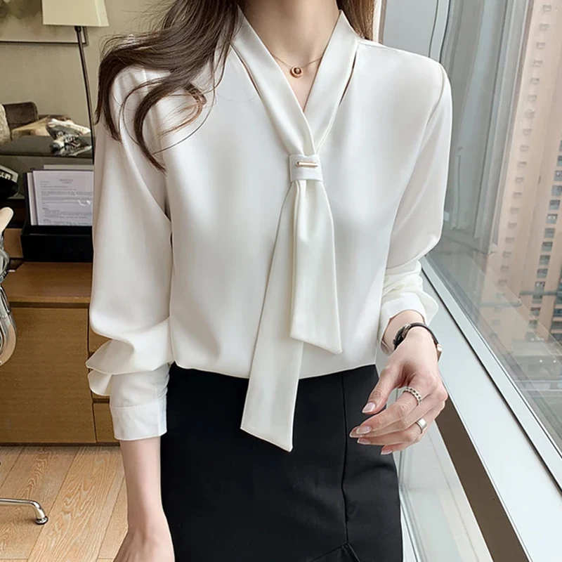 Fashion Chiffon Women Blouses and Tops Elegant Office Long Sleeve White Shirt with Tie V-Neck Loose Female Clothing Blusas 13022