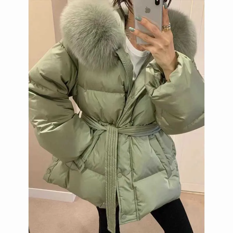 

Revecite Dongda Gate Winter New Large Fur Collar Waist-Cinched Warm Cotton Jaet Long Sve Zipper Pure Color Women's Faion