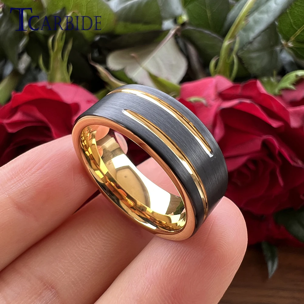 TCarbide 8MM Men Women Wedding Band Two Tone Tungsten Carbide Ring Pipe Cut Brushed Finish Comfort Fit