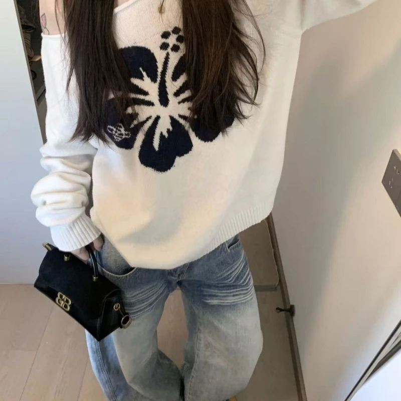 

Deeptown Vintage Elegant Off Shoulder Sweater Women Sexy White Knitwear Long Sleeve Jumper Slash Neck Loose Harajuku Pullovers