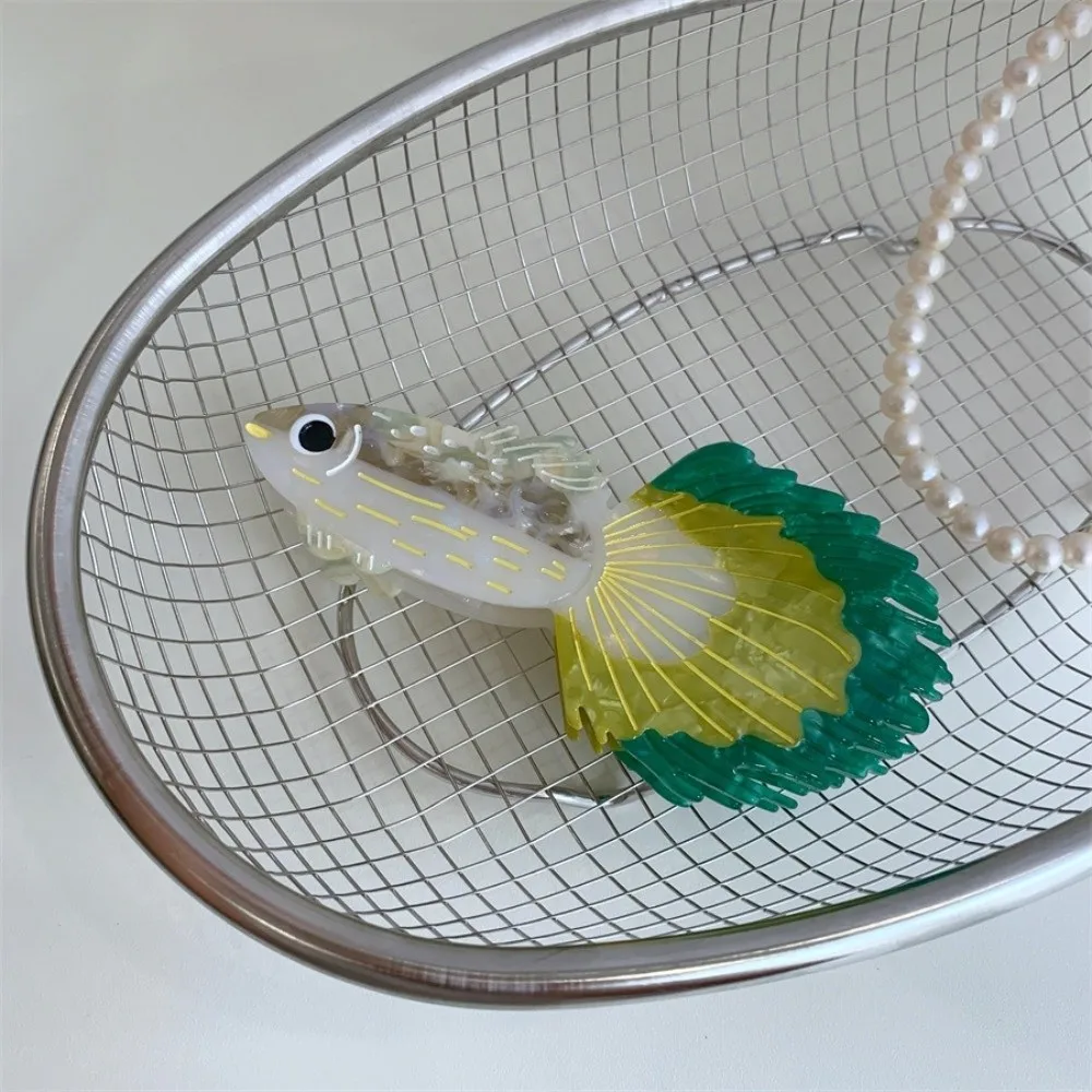 Pinza de pelo de acrílico estilo coreano con diseño de pez guppy, arowana plateada, tiburón y pez espada, en colores contrastantes, de ácido acético, para mujer