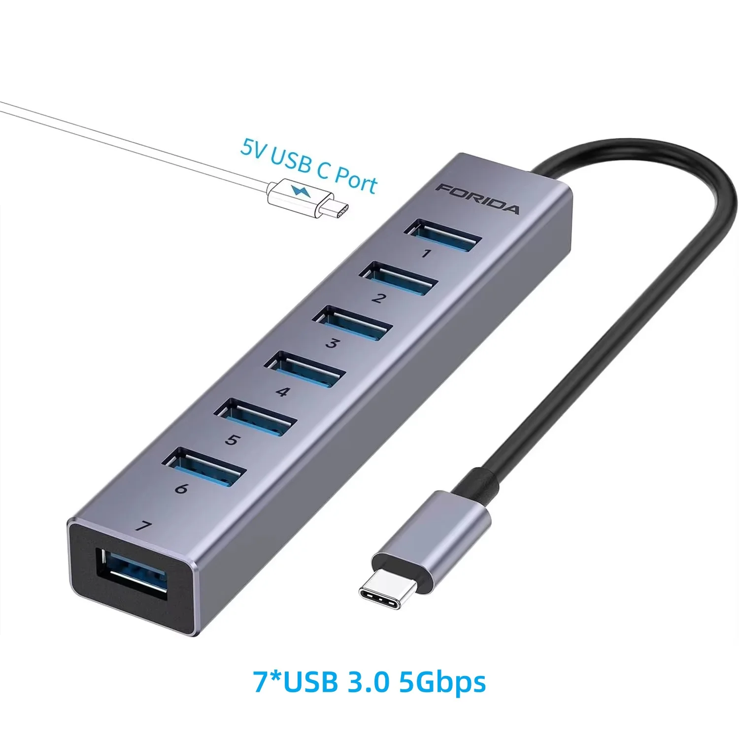 

Forida 7-портовый USB-концентратор 3.0, 5 Гбит/с, высокоскоростной разветвитель типа C, концентратор 5 В/4 А, зарядный порт, адаптер питания, расширитель-концентратор для ноутбука