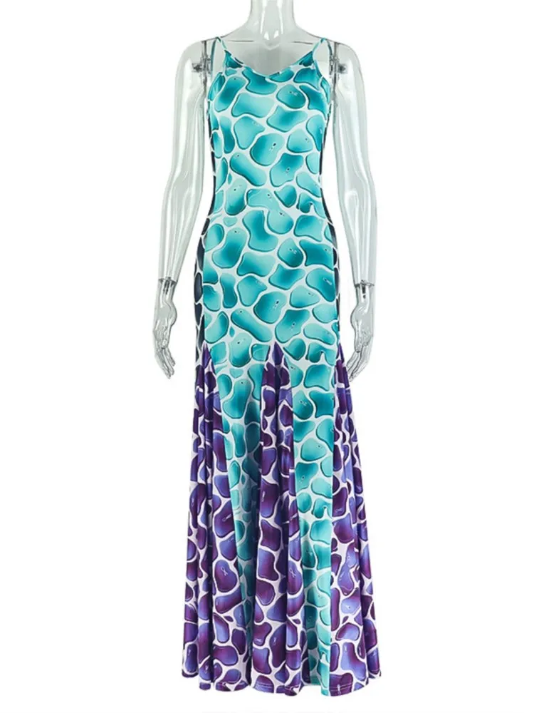 여름 프린트 섹시 드레스 여성 스트리트웨어 민소매 백리스 스파게티 스트랩 바디콘 캐주얼 클럽웨어 우아한 파티 맥시 드레스