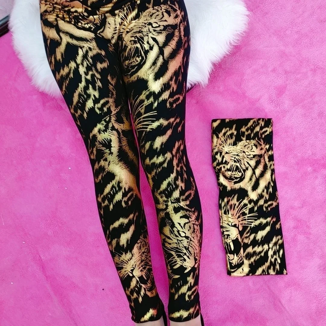 Summer Spring Black Gold Tiger Thin Sequin Women\'s Leggings Pants High Waist Plus Size Pencil Trousers