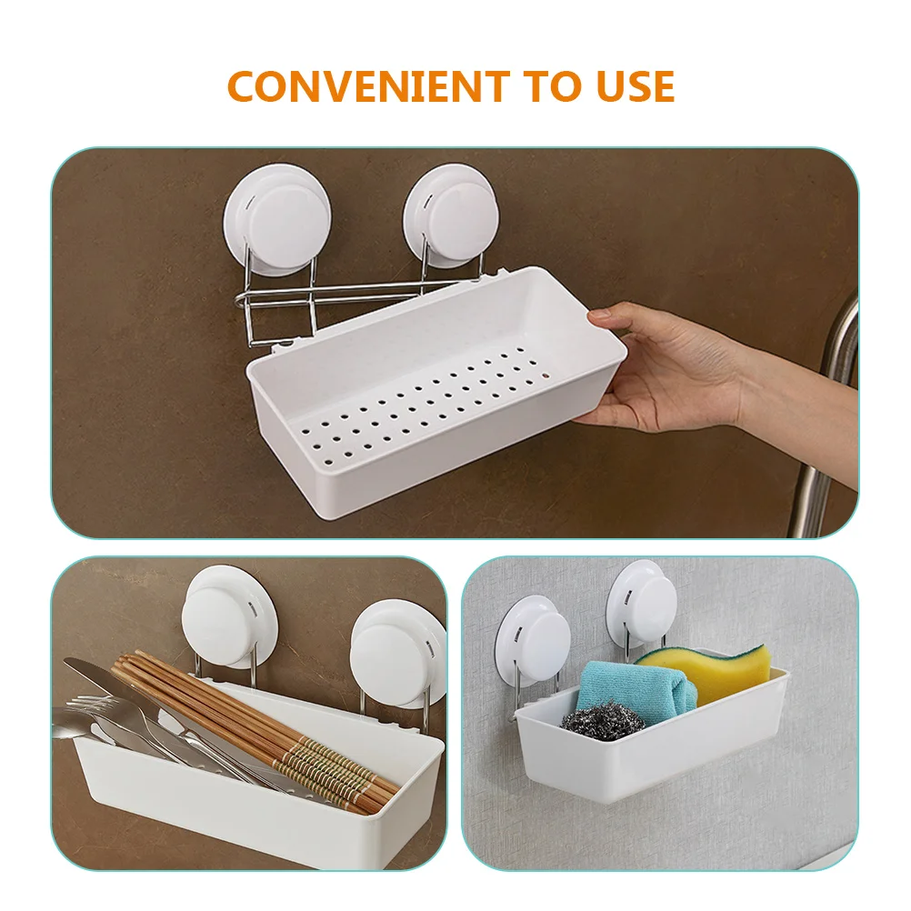 

Suction Cup Mounted White Bathroom Storage Organizer Large Capacity Kitchen Accessories Holder Draining Shelf