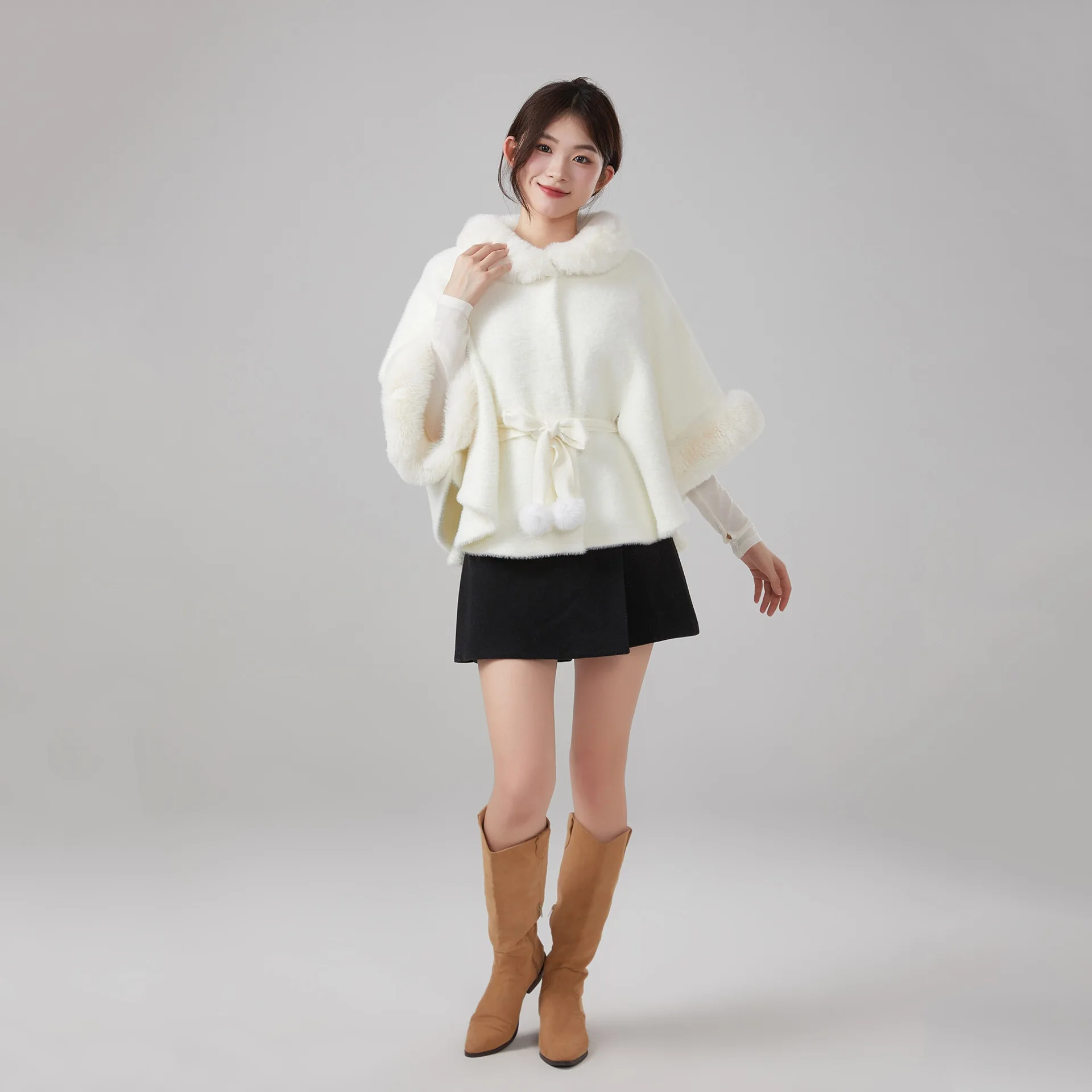 Poncho Thickened Flocking Shawl Chinese Style Flag Dress Cloak Warm Outerwear Premium Autumn Winter Fashionable Women's Woolen