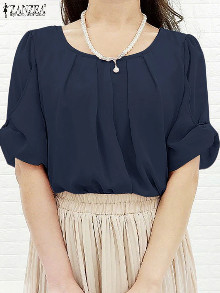 ZANZEA Frauen Elegante Gefaltete Blusen 2025, Sommer Oansatz Halbe Hülse Casual Blusas de Mujer Einfarbig Pendeln Tops Streetwear