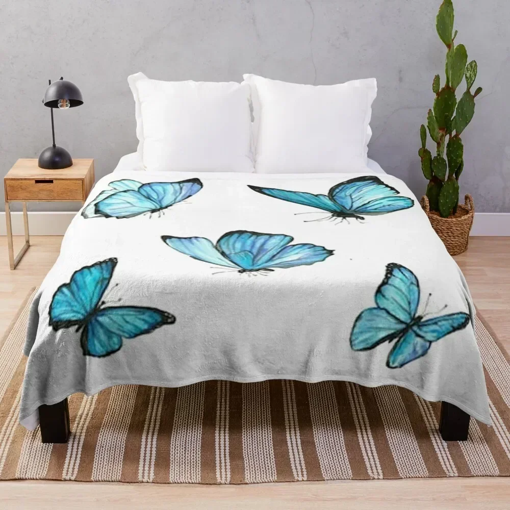 

Blue Watercolor Butterflies Throw Blanket Men's Soft Warm Throw Blanket for Couch