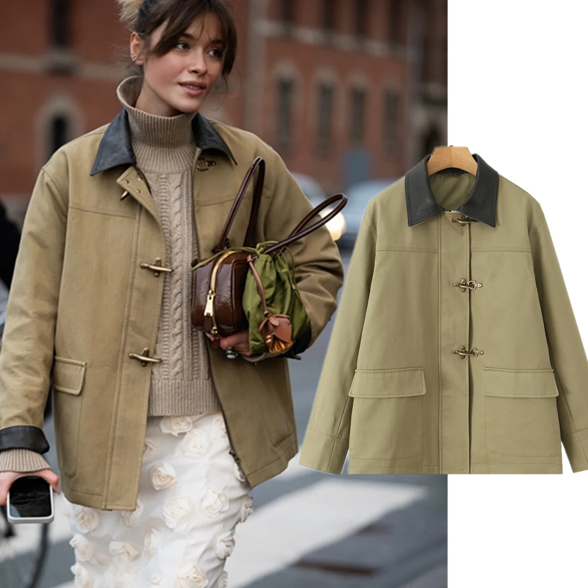 

Dave&Di Autumn Winter Women's Jacket British Fashion Khaki Workwear Jacket Minimalist Retro Color-block Windbreaker Jacket Women