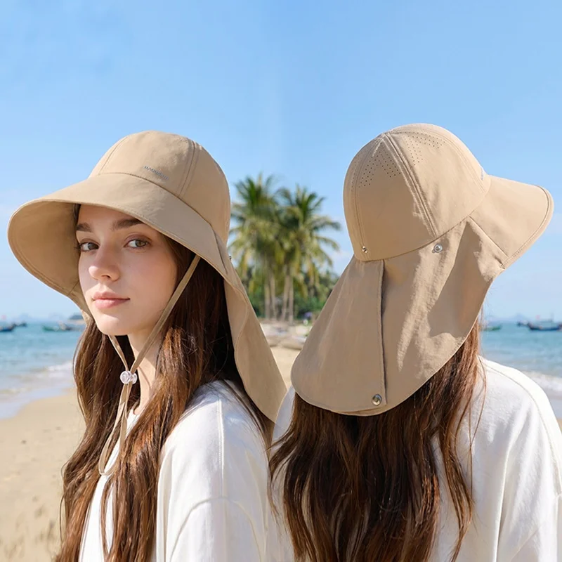 2-in-1 UV-Sonnenhut für Damen mit abnehmbarem Nackenschutz, atmungsaktiver Bucket Hat mit breiter Krempe, verstellbarer Kinnriemen, 55-60 cm, 6 Farben