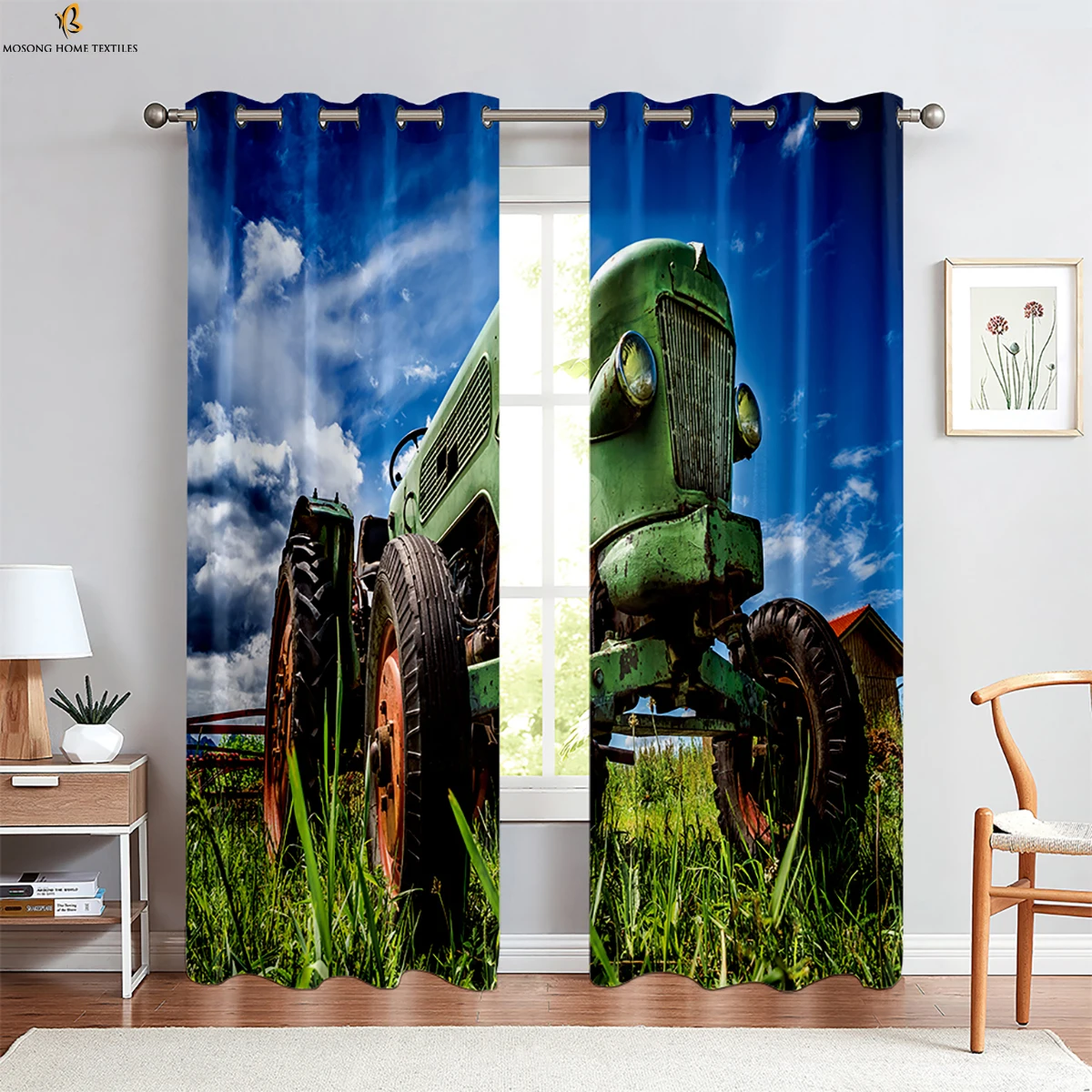 Farm Tractor 3d Stereo Printing Curtain Bedroom Living Room Kitchen Decorative Curtain Polyester Fiber Machine Washable 2 Pieces