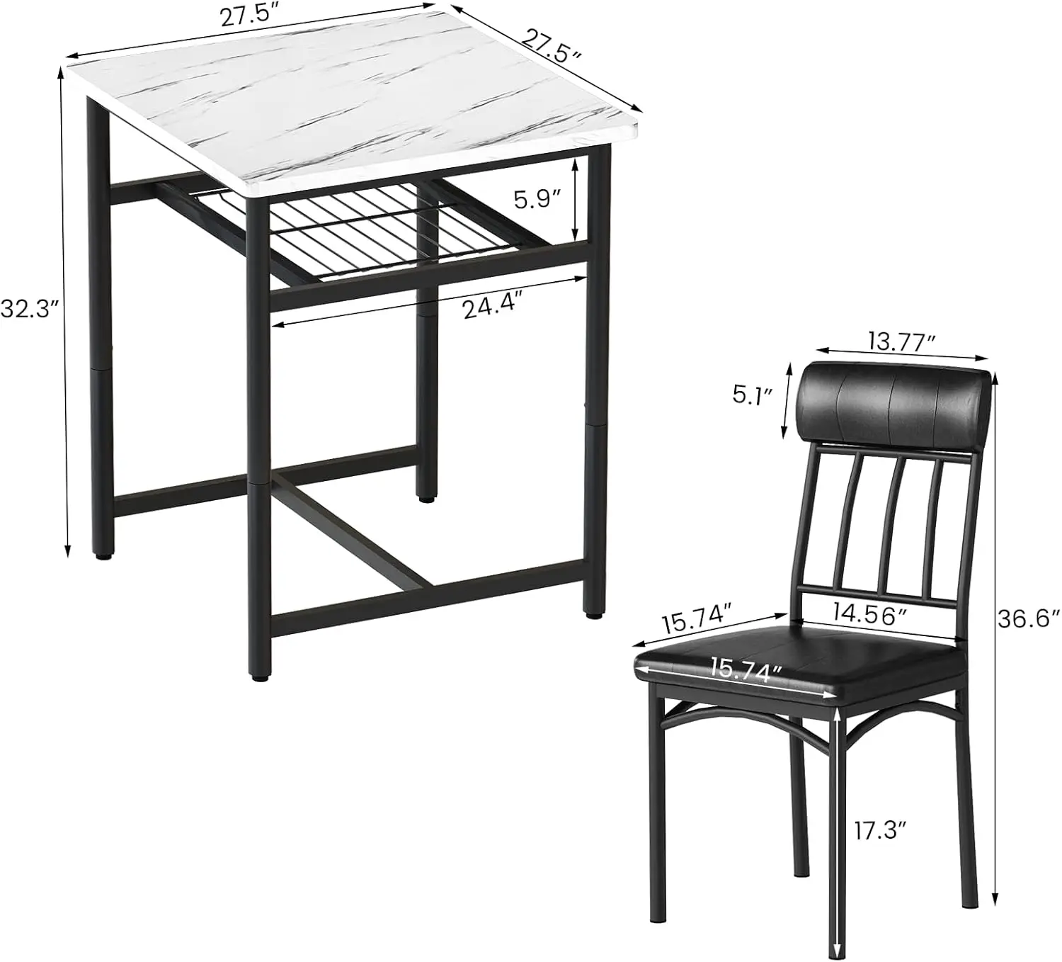 Lamerge 3-Piece Marble Table And Chairs Set, Kitchen Table And Leather Chairs For 2 People, Built-In Wine Rack For Small Space,