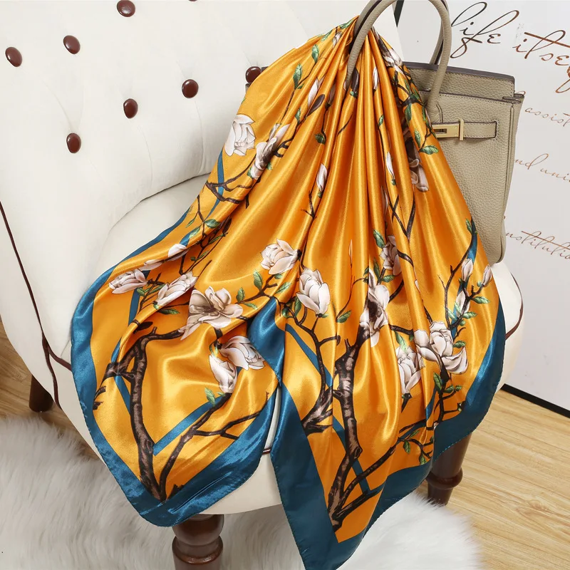 90cm Silk Scarf Female Printing Simulation Silk Satin Scarf Sunscreen Shawl Square Scarf Hijab Head Wrap Turbans for Women