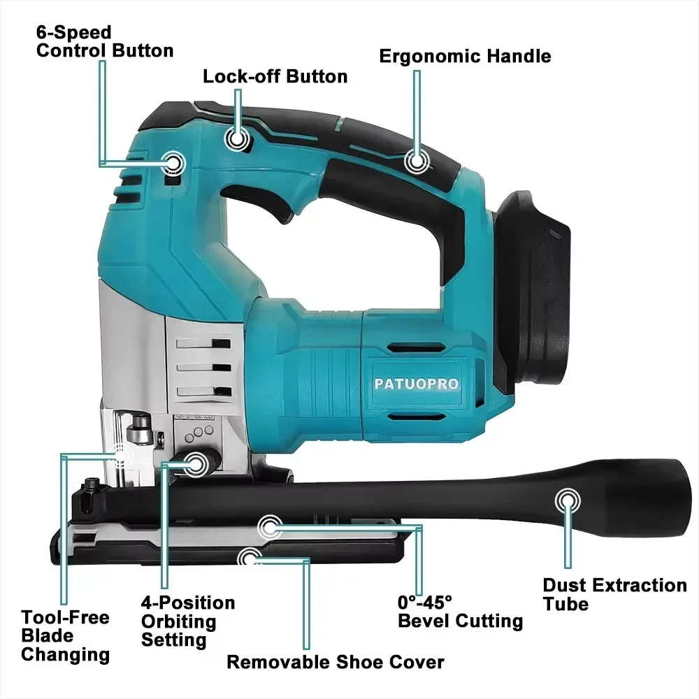 4-Position Rechargeable Brushless Cordless Electric Jigsaw 6-Speed Adjust 0-45º Woodworking Handheld Saw For Makita 18v Battery