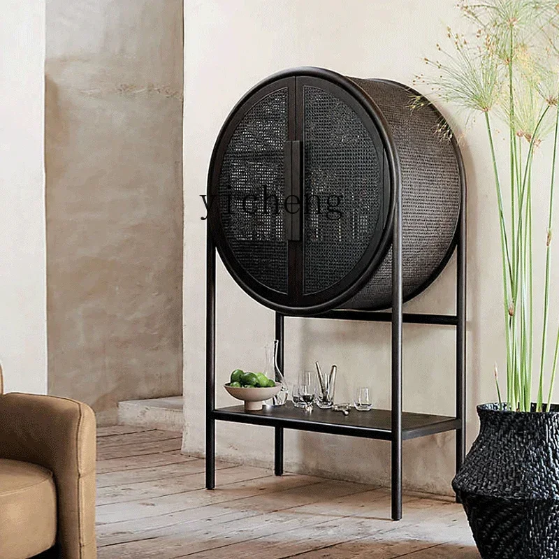 Solid Wood Sideboard Small Apartment Living Room Vintage Rattan Storage Cabinet Designer Cabinet