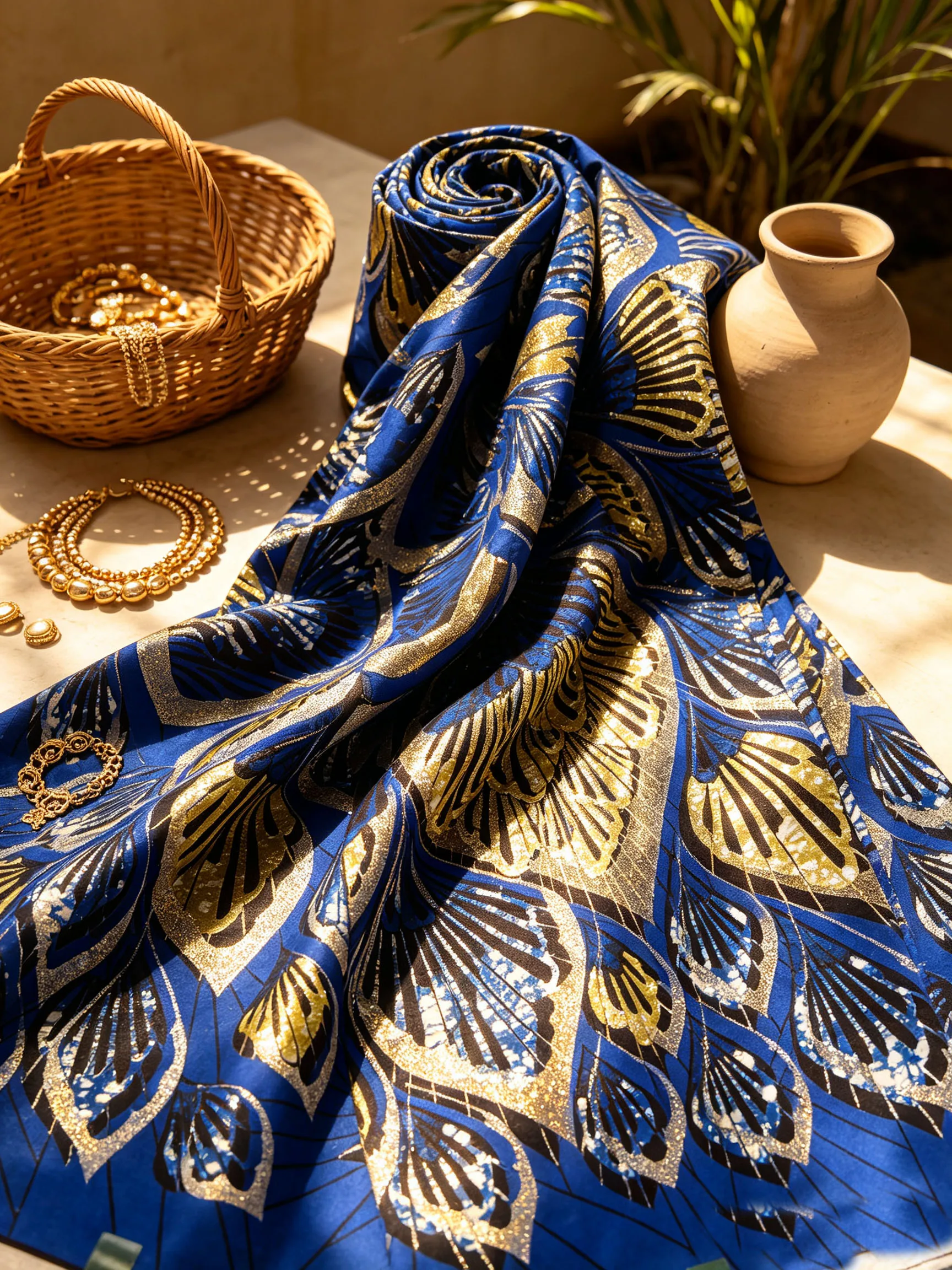 Royal Blue African Ankara Wax Fabric Gold Glitter Peacock Feather Print 6Yards Cotton Batik Cloth For Women Dress Sewing Pagne view 4