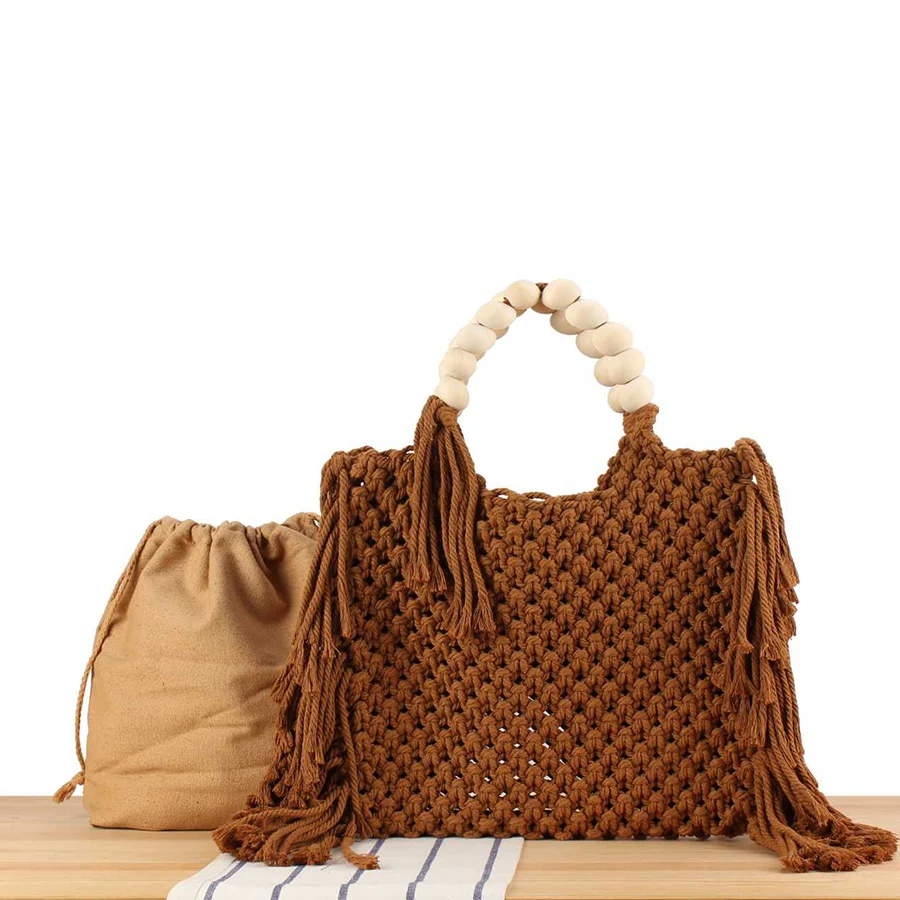 

Summer cotton rope Bohemian style hand-woven handbags tassel hollow out women's bag for beach vacation daily casual clutch bags