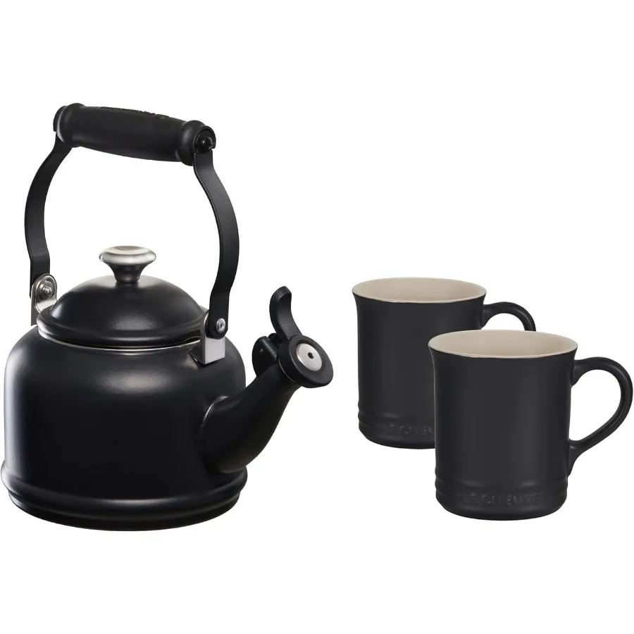 

Enamel on Steel Demi Kettle with Metal Finishes and Stoneware Set of 2 Mugs 1.25 qt. Kettle with 2 14 oz. Mugs Ideal for Kitche