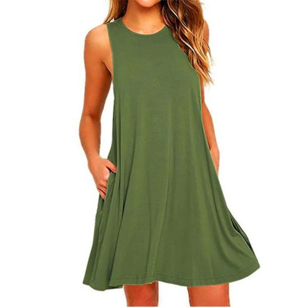 Women's Casual Sleeveless Loose Beach Green Tank Solid Color Mini Dresses Dropshipping