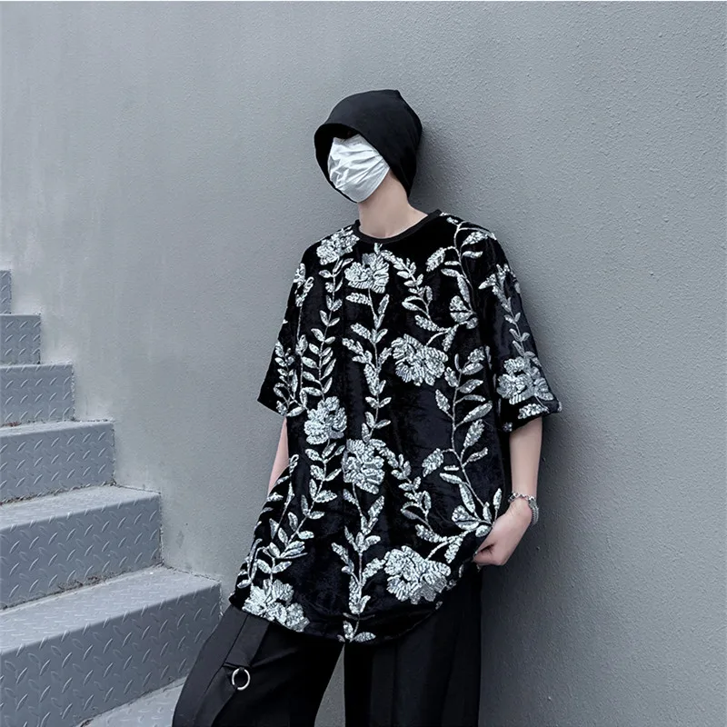 Men's Velvet Sequins Embroidery T-shirts Black Casual Short Sleeve Loose Pullover Hip Hop Street Dance Tees Shirts Stage Costume