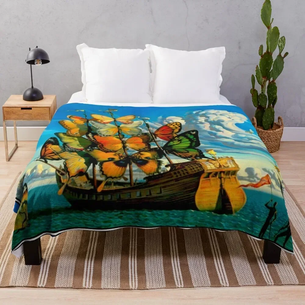 

BUTTERFLY SHIP : Vintage Surreal Abstract Fantasy Print Throw Blanket Faux Fur Soft Warm Blanket for Bed