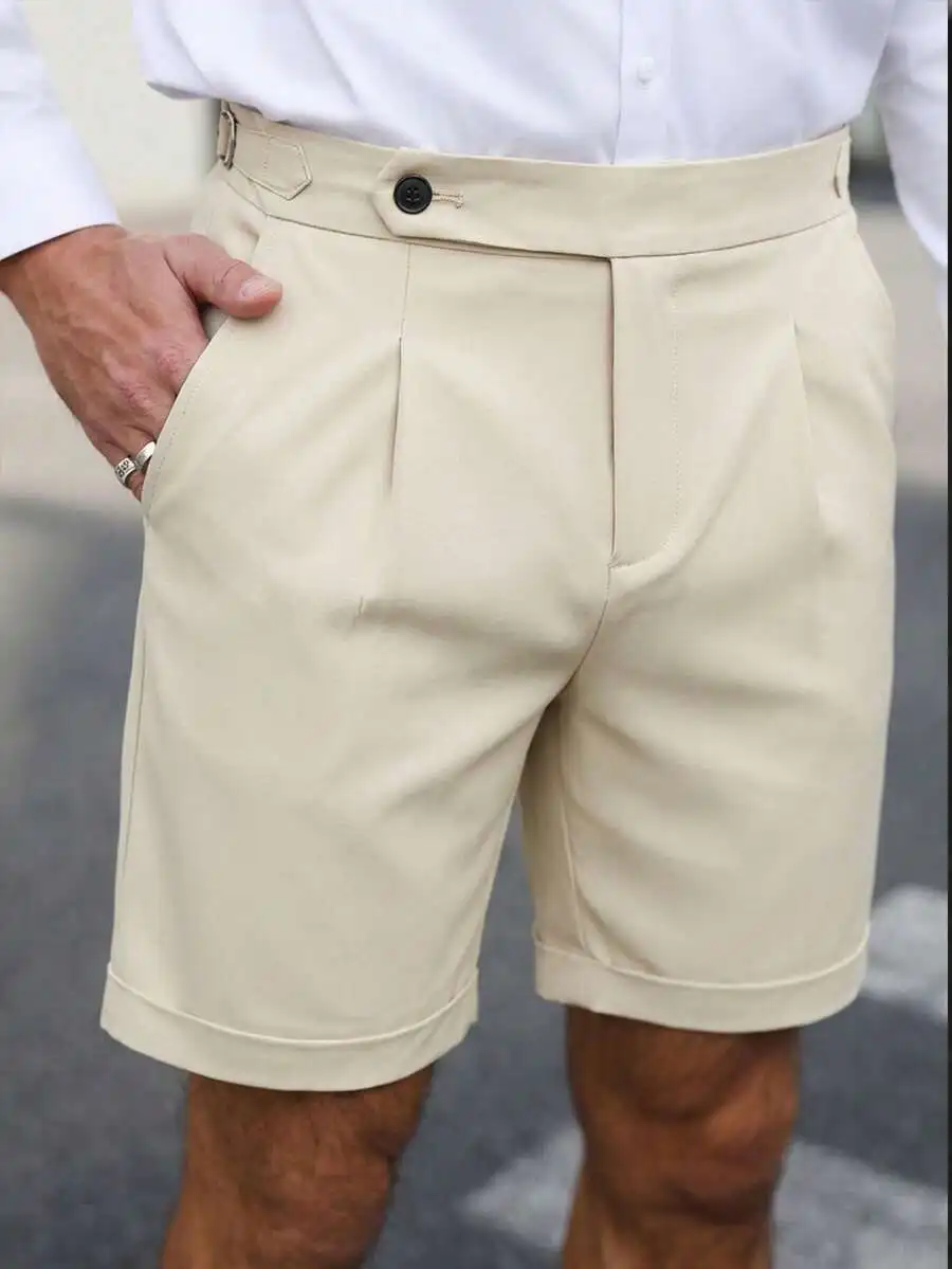 

Mens Khaki Pleated Gurkha Shorts With Cuffed Hem Breathable Linen Blend Casual Summer Shorts